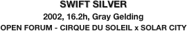 SWIFT SILVER
2002, 16.2h, Gray Gelding
OPEN FORUM - CIRQUE DU SOLEIL x SOLAR CITY 
